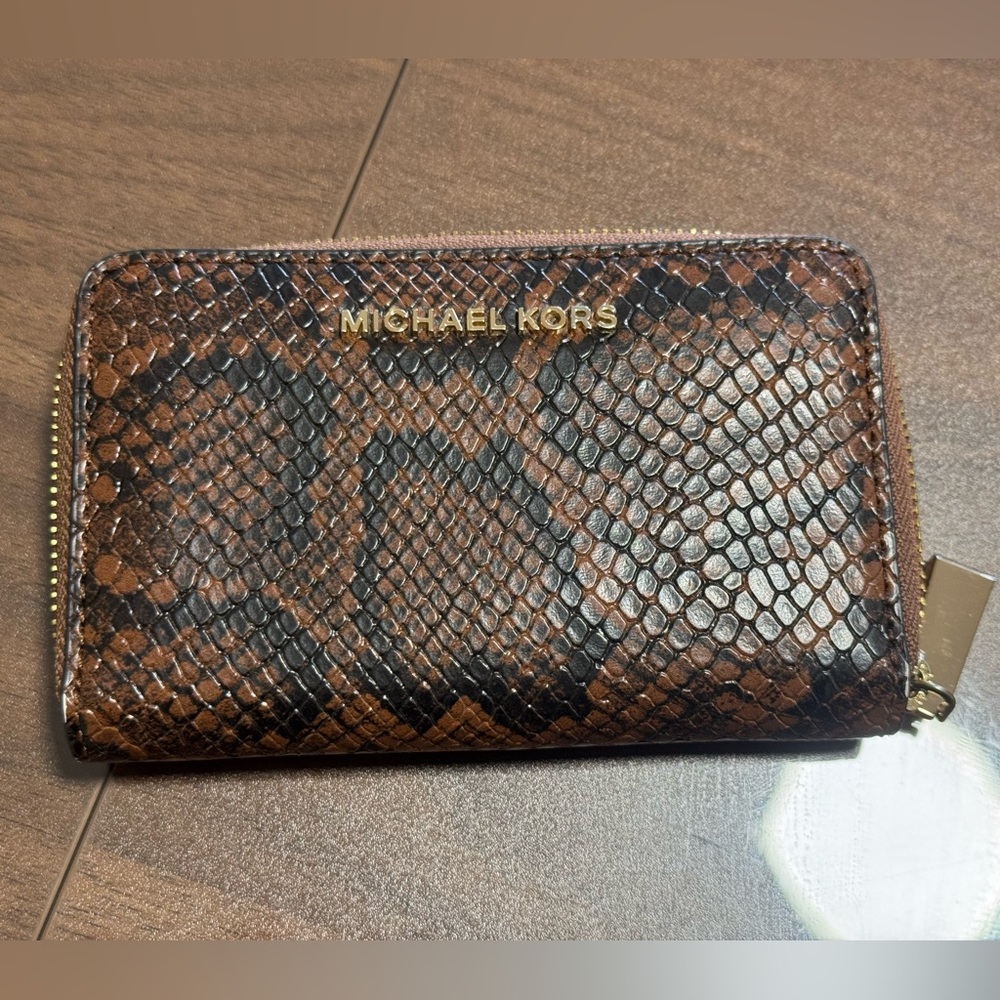 Michael Kors Brown Snake-Embossed Zip Wallet